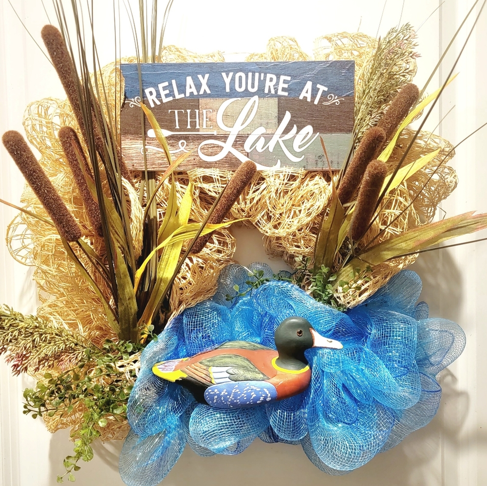 Artisan Lake Wreath Decoy Duck Cattail Deco Mesh Relax You're at the Lake Dad